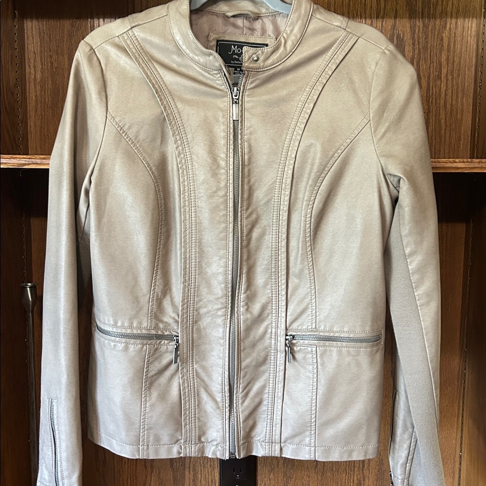 MO-KA By SantaFe Apparel Tan Moto Jacket,Pockets,Zippers,Stretch, Medium